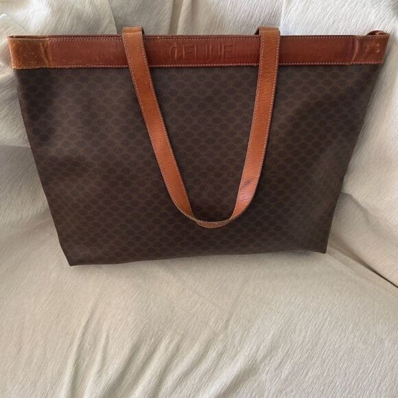 CELINE Vintage Large Oversize Macadam Tote Shoulder Bag with Leather Trim
